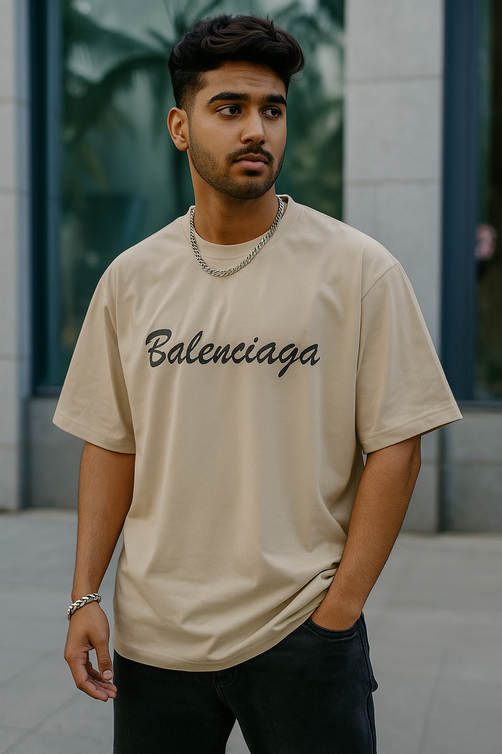 Graphic printed beige lycra oversized tee – comfortable fashion for men in India