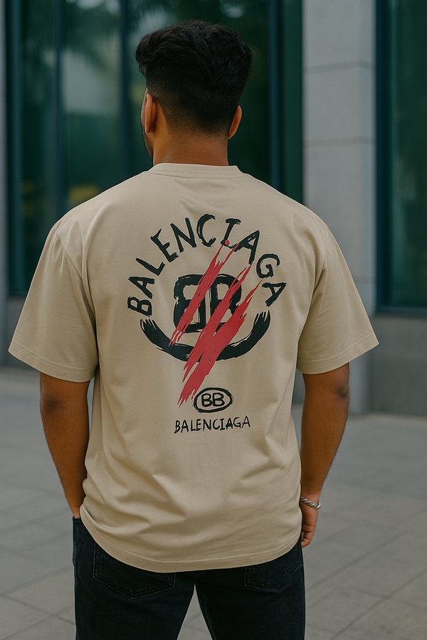 Beige oversized lycra t-shirt with graphic print – stylish and stretchy streetwear by Kinsutra