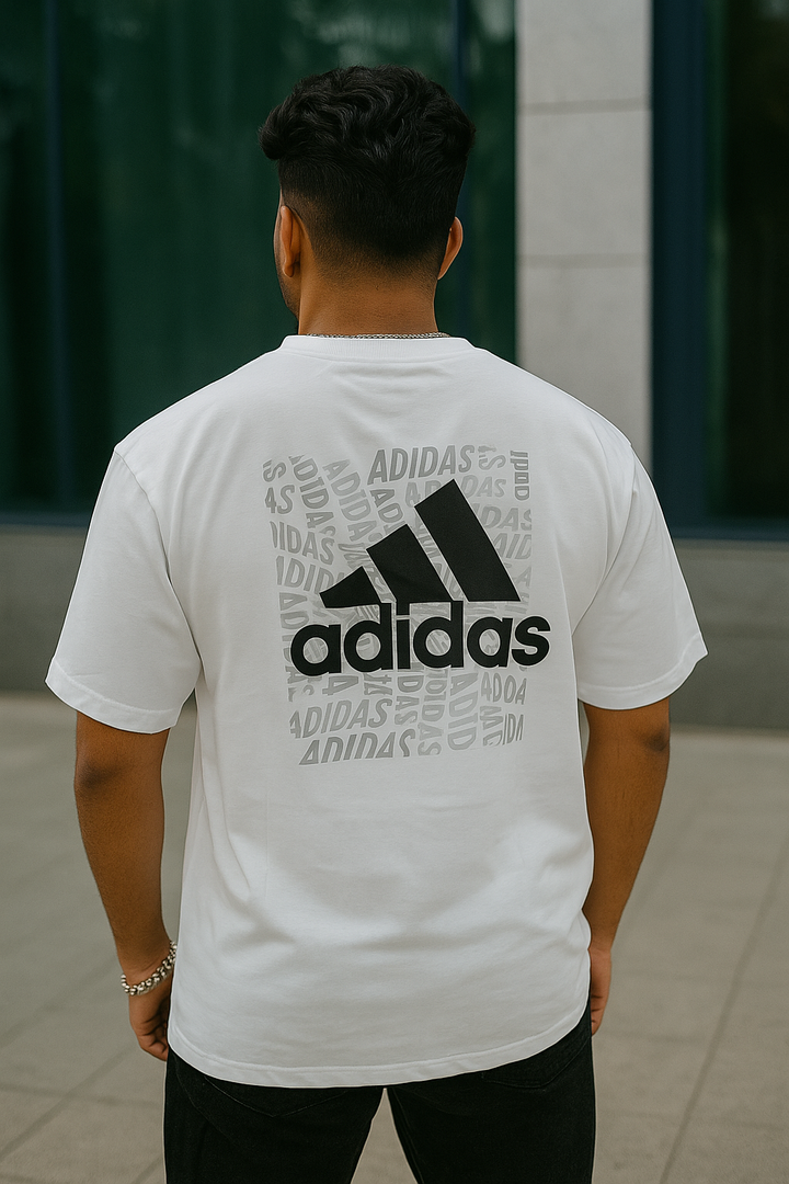 White oversized sporty t-shirt with bold front print – athletic streetwear for men