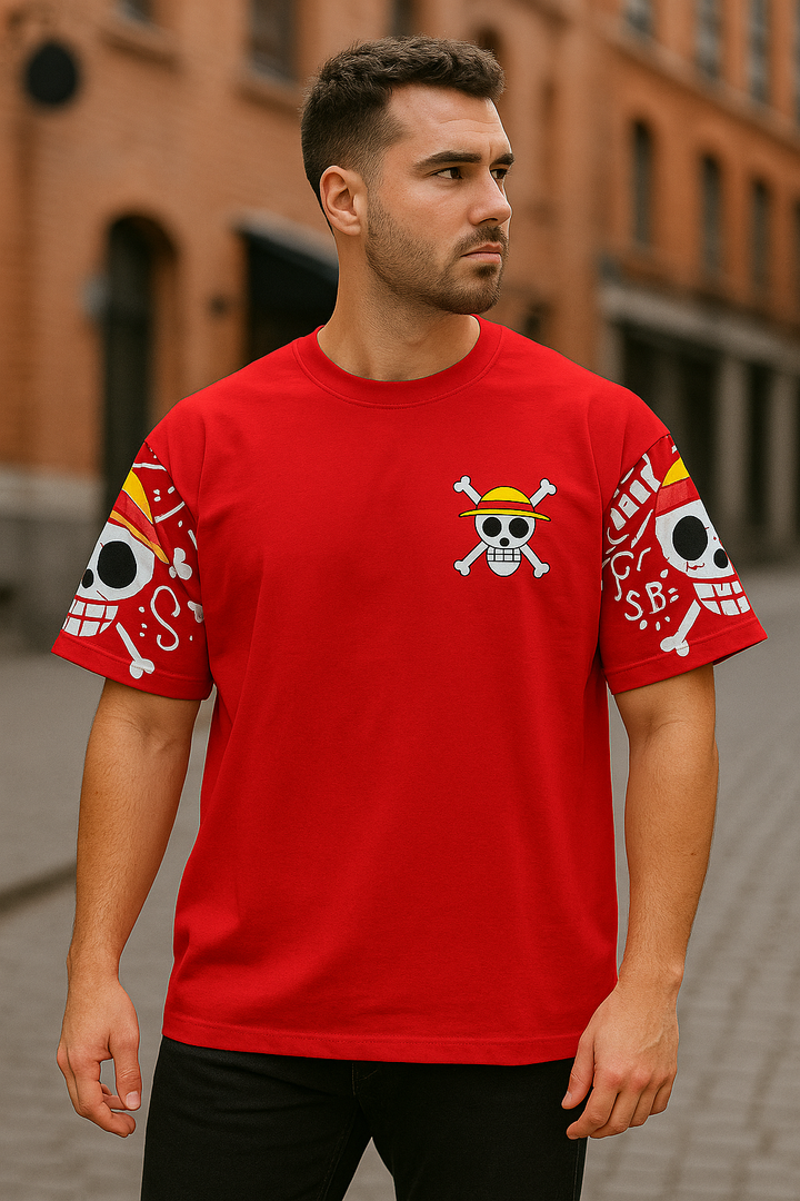 Anime graphic red oversized tee for men – trendy Japanese streetwear style by Kinsutra