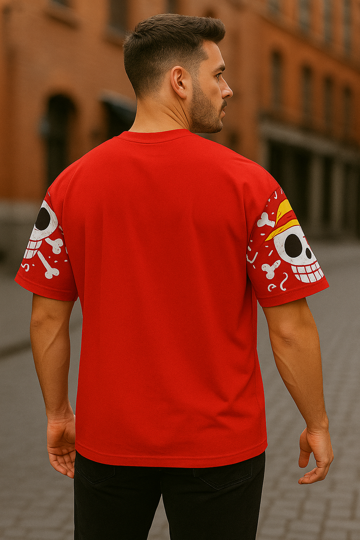 Trendy red oversized t-shirt for men with anime graphic design – Kinsutra Collection