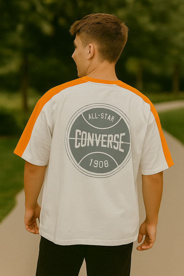 White and orange oversized t-shirt with trendy graphic print – stylish streetwear for men and women